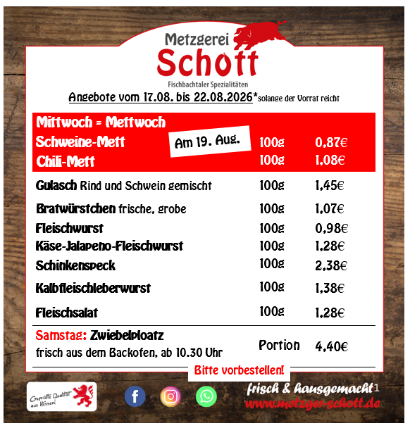 Angebote vom 17. bis 22. August 2026 – Mettwoch & Samstags-Zwiebelploatz